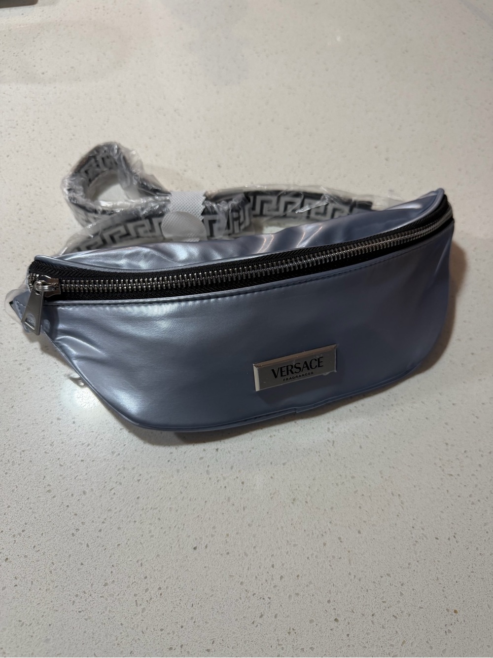 Versace Metallic Light Blue Belt Bag with Logo Plaque